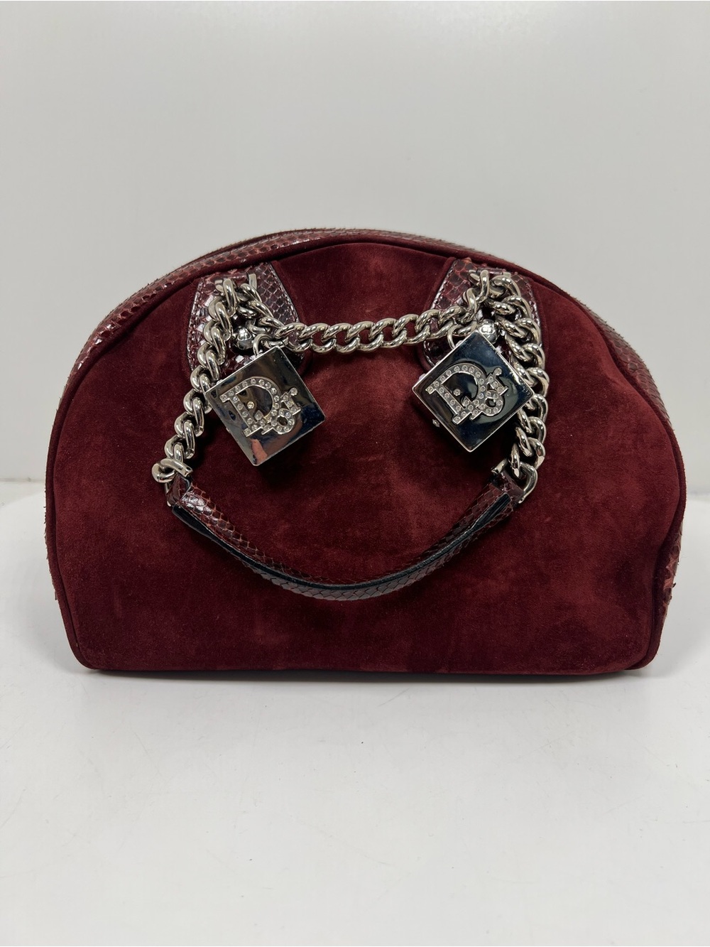 Rare Vintage Christian Dior Gambler Dice Bag Burgundy Suede Python Trim 2004